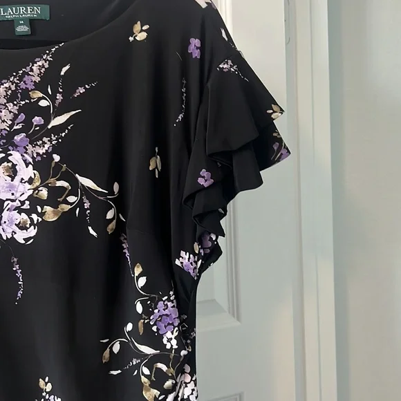 Lauren black dark floral cinched dress SZ 14 black wrap style ruffle career - Picture 4 of 14